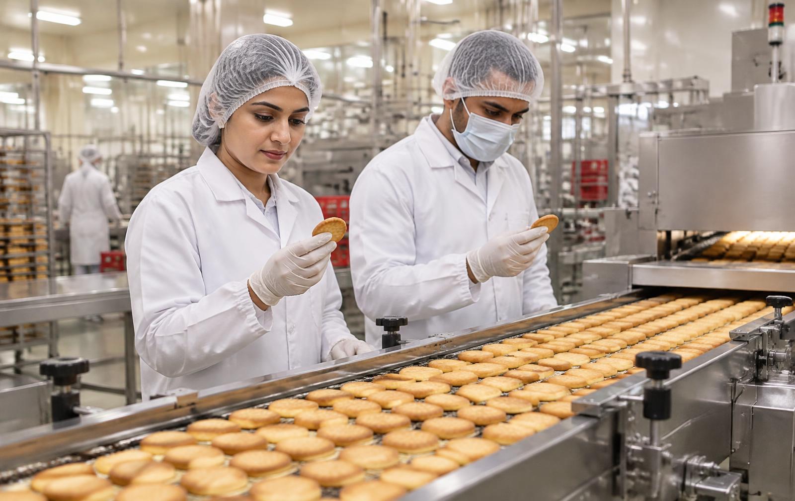 Pakistani food manufacturing professionals inspecting biscuits