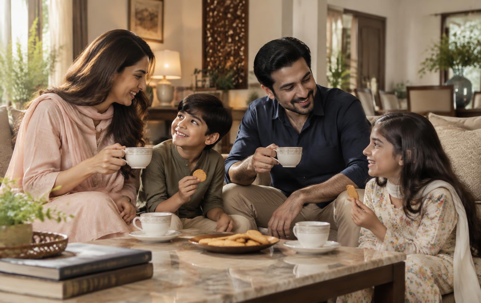Pakistani family sharing biscuits and chai at home